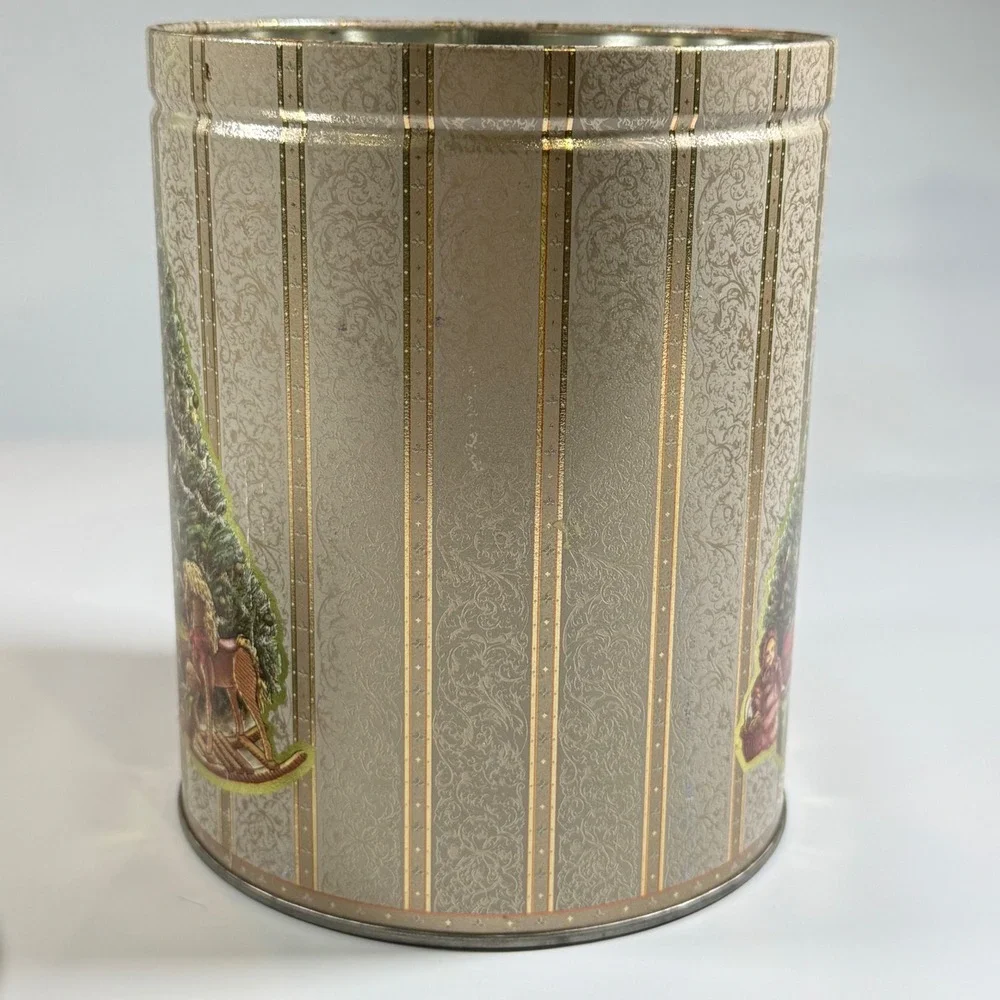 VTG Christmas Tin‎ Holiday Cookie Canister Gold Victorian Tree Rocking Horse 8